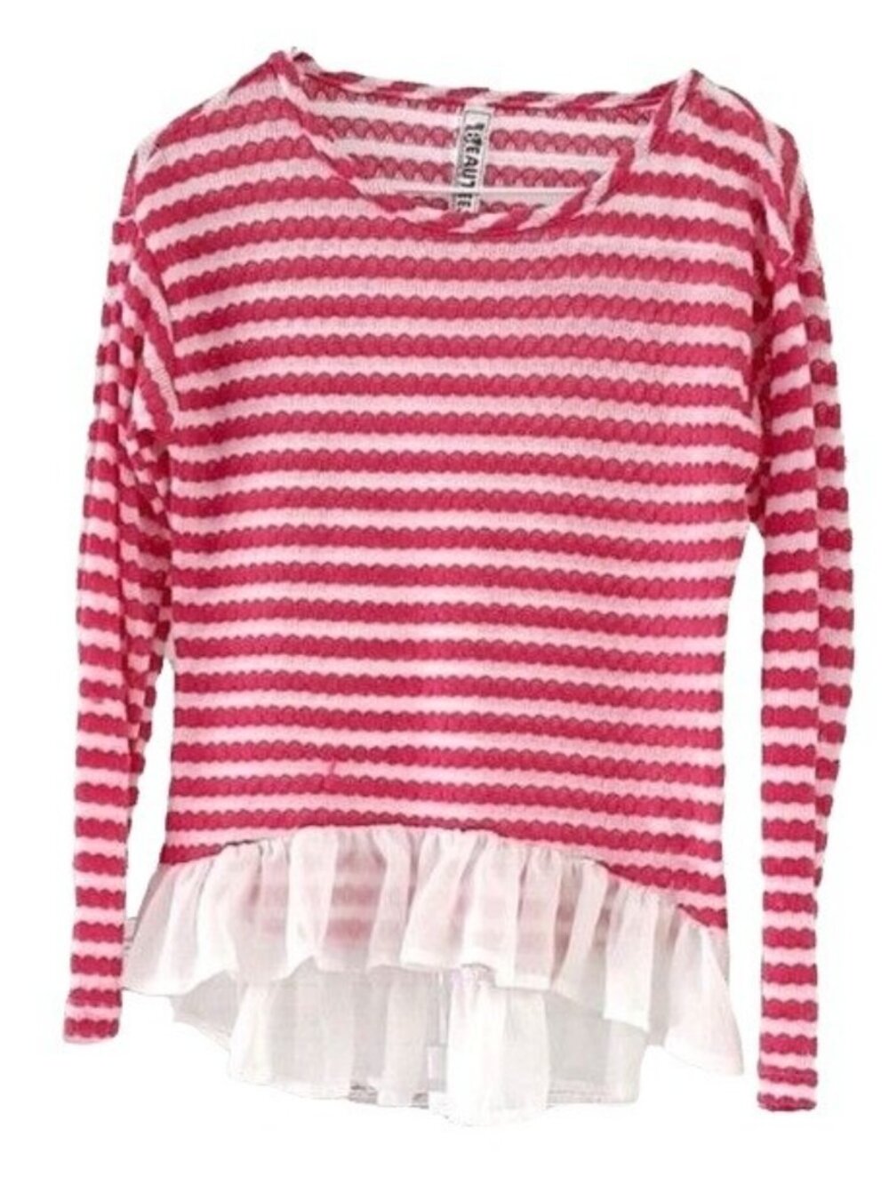 Beautees Girls Striped Sweater Pink White Medium Long Sleeve Ruffle Hem Pullover